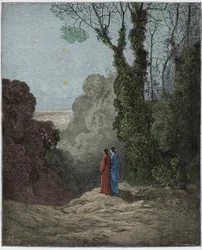 Purgatorio, Canto 1: Os poetas contemplam a beleza de Vênus no céu da manhã, ilustração da Divina Comédia de Dante Alighieri, 1885 (gravura digital colorida)